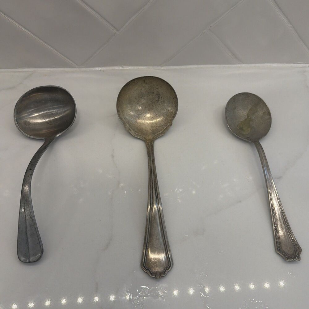 Vintage Kitchen Utensil Set 3pc: Pewter & Stainless Steel Soup Ladles Spoon
